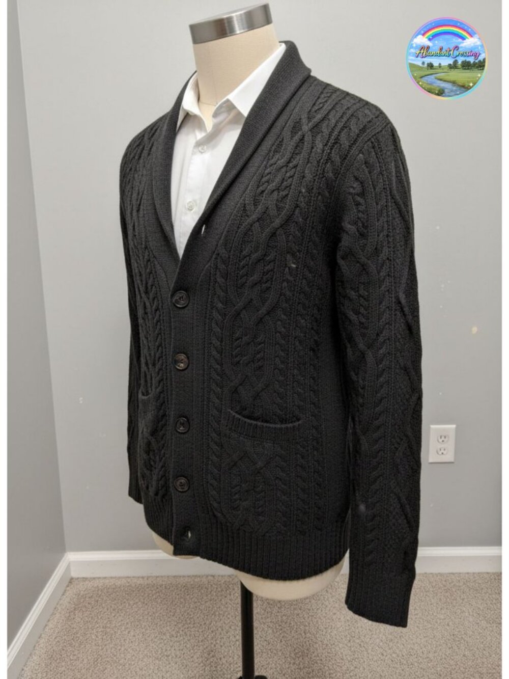 Mens Cable Knit Shawl Collar Cardigan Sweater Button Down Acrylic